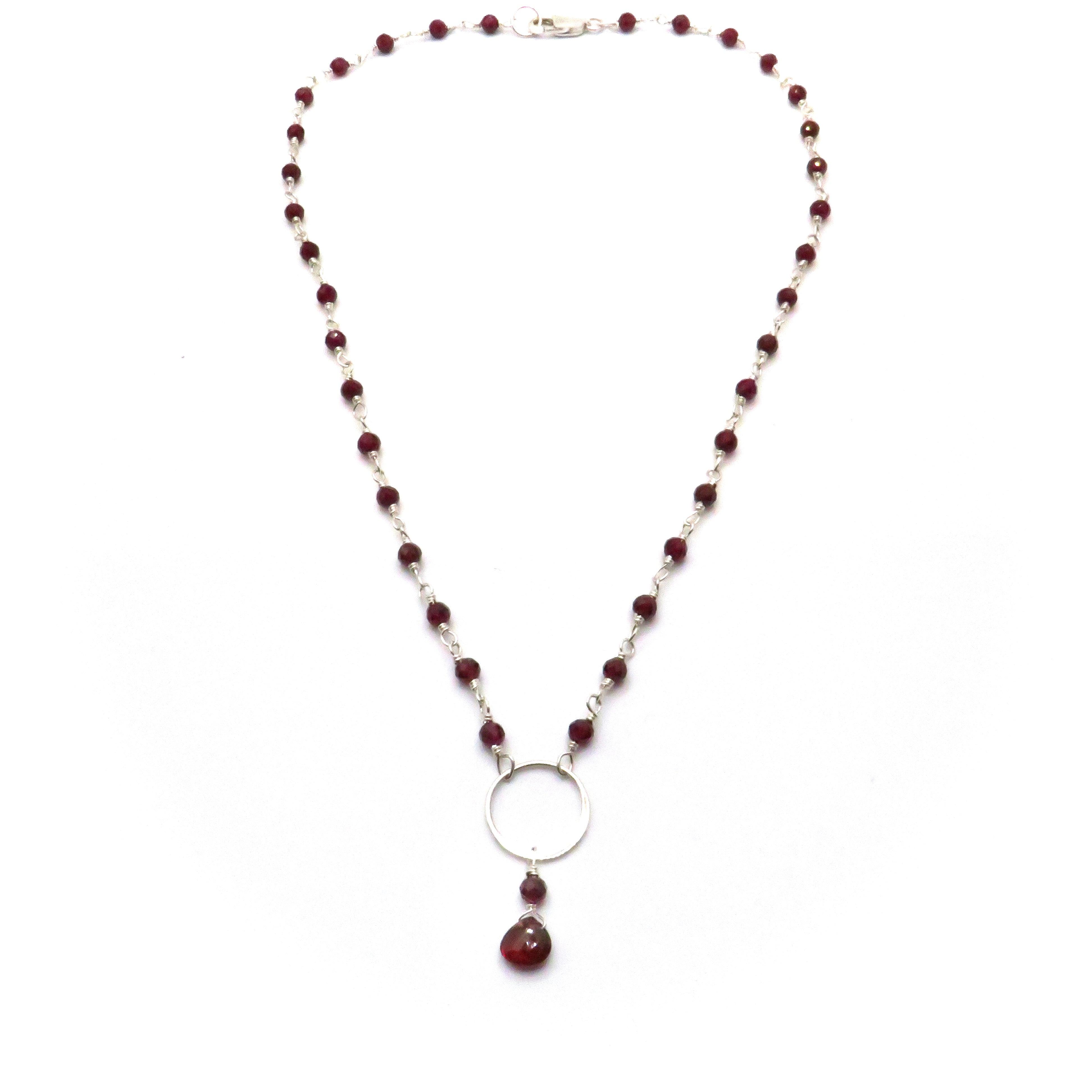 Garnet String Sterling Silver Hoop Necklace