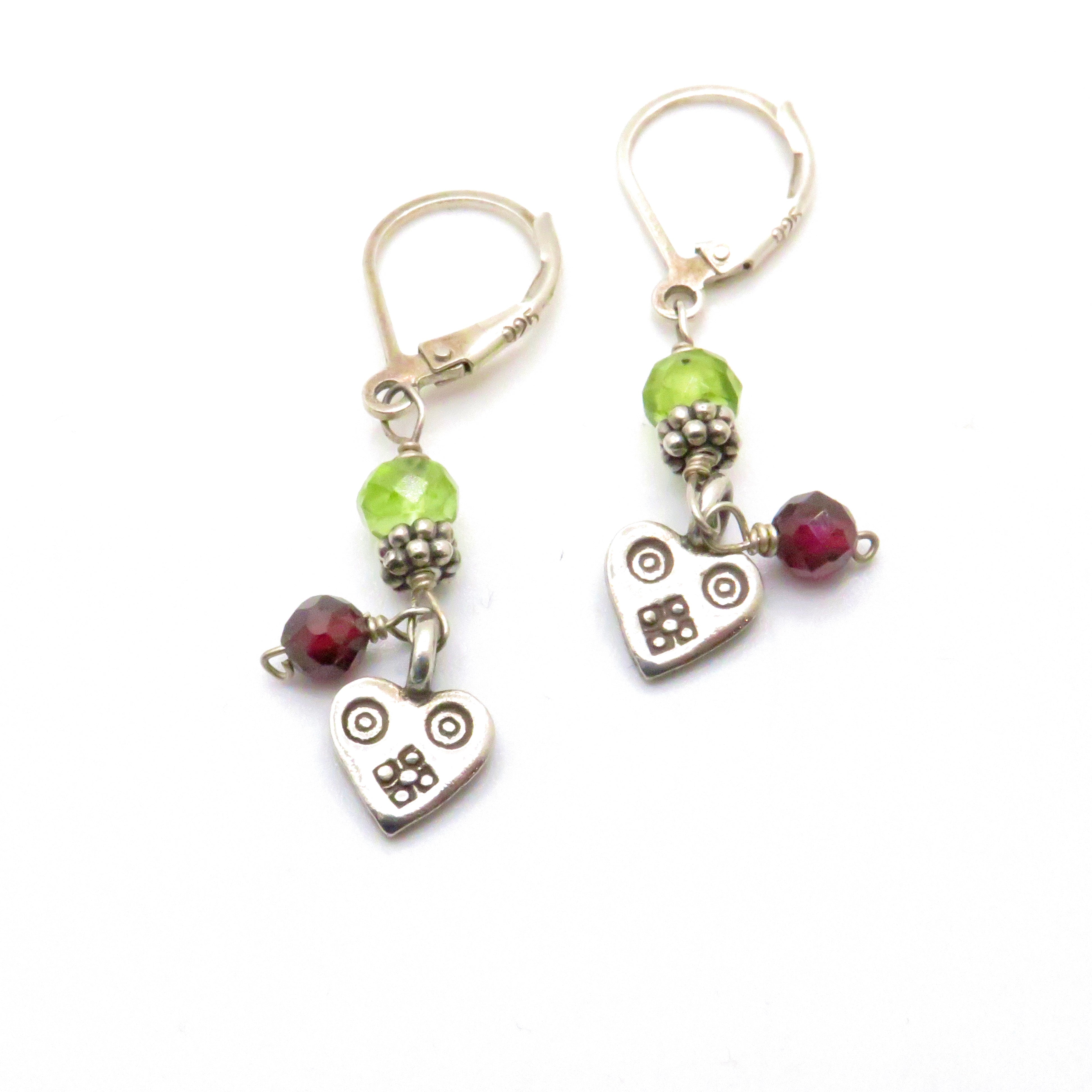Peridot, Garnet, Sterling and Thai Silver Heart Earrings