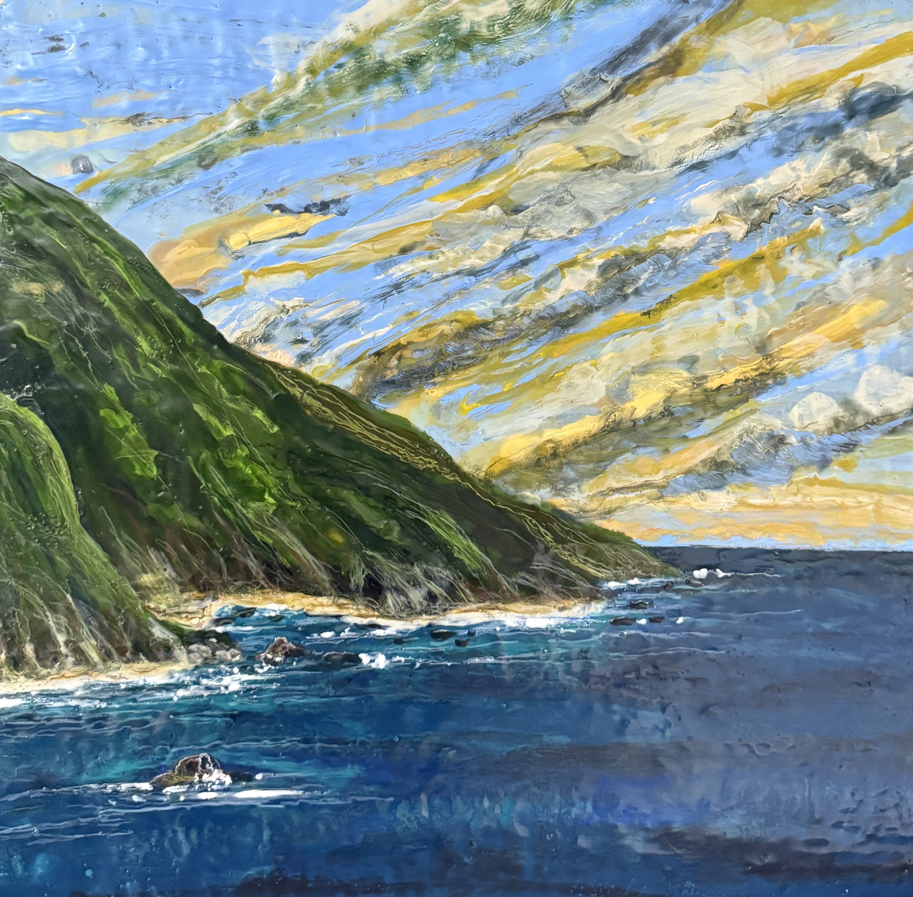 Nicole Woodling Esalen artwork depicting the harmony of art, ecology, and science through encaustic on wood panel, measuring 24"x24".