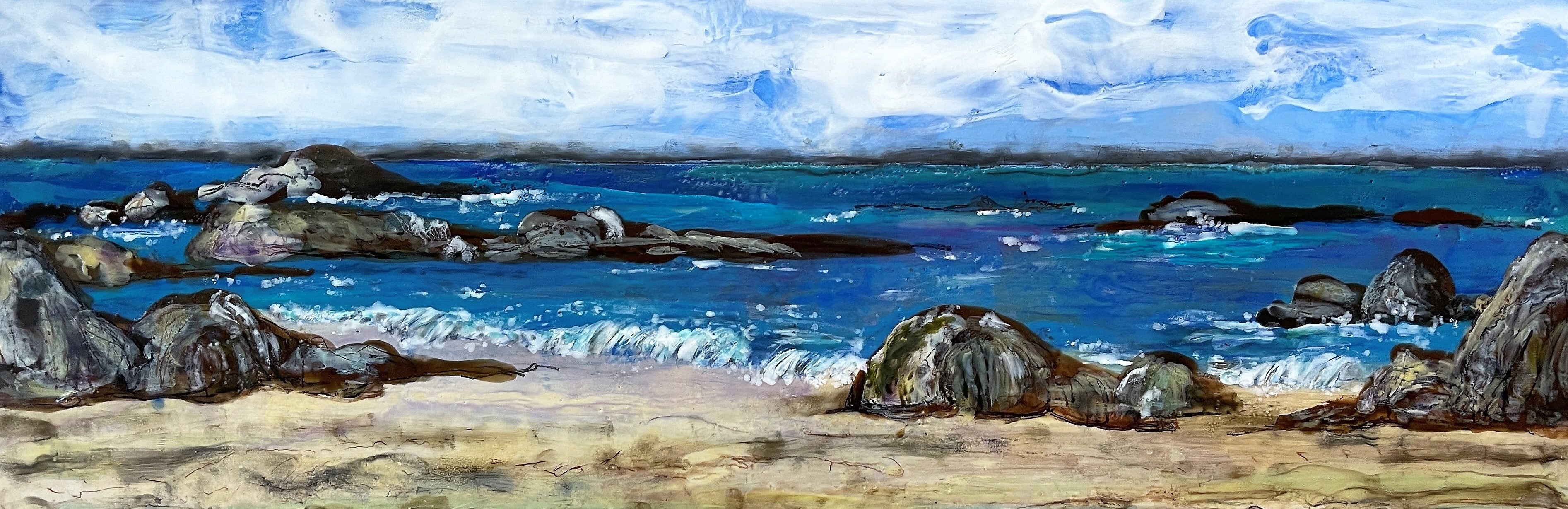Nicole Woodling | Asilomar - Encaustic painting on wood panel, 12"x36", showcasing the artist's unique blend of art, ecology, and science.