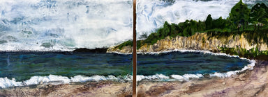 Nicole Woodling's evocative diptych artwork titled 'New Brighton Beach', created with encaustic on wood panel, showcasing the intersection of art and ecology in her Santa Cruz-inspired landscape design.