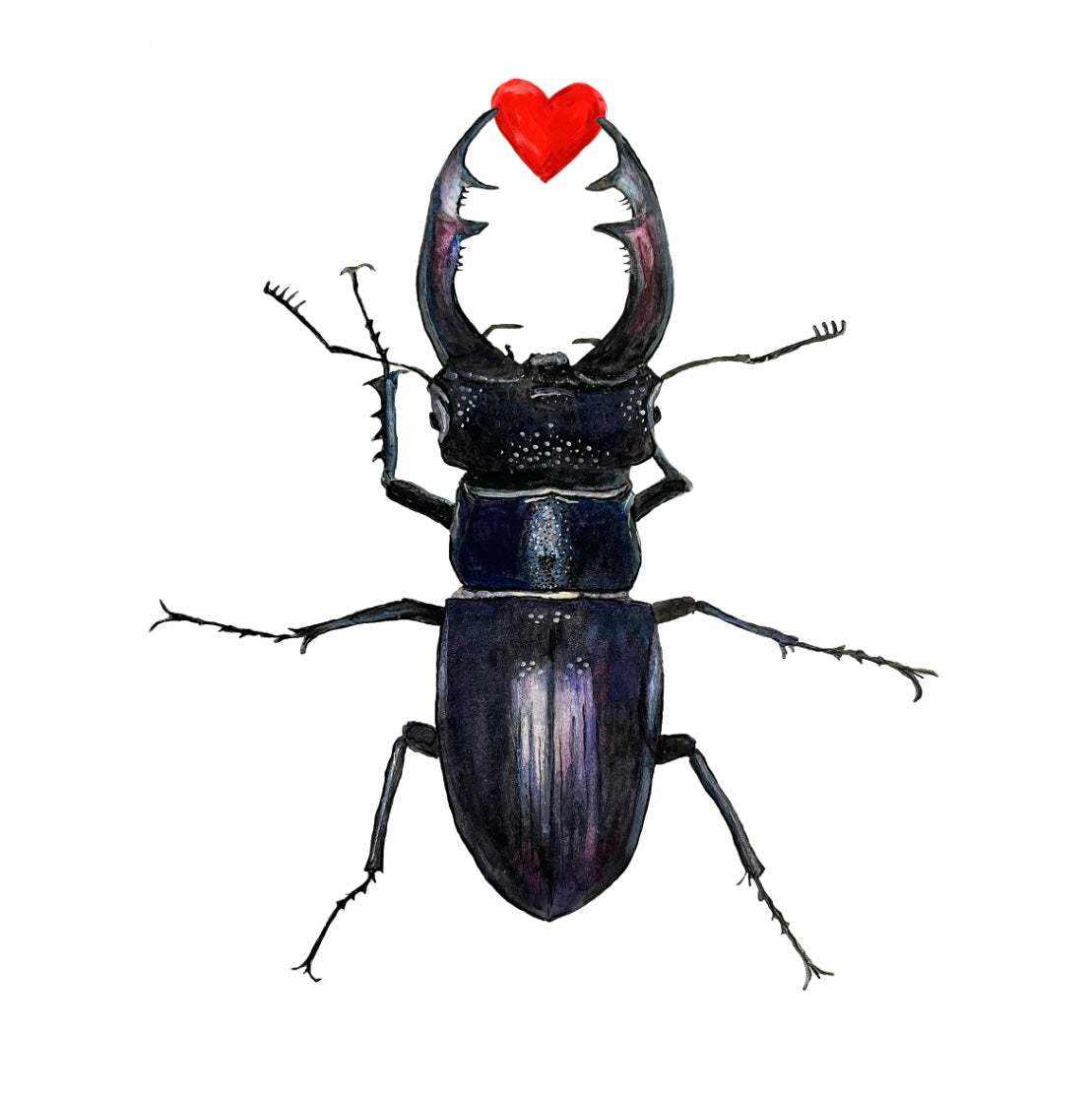 Watercolor and ink print of a stag beetle with a heart atop its head, created by Hearts for the Arts, titled 'Hearts for the Arts | Love Bug'.