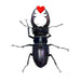 Watercolor and ink print of a stag beetle with a heart atop its head, created by Hearts for the Arts, titled 'Hearts for the Arts | Love Bug'.