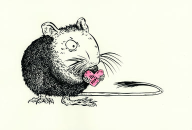 Illustration of a lovable rat holding a heart with the message 'Be Mine', inspired by Valentine's Day. Created by Hearts for the Arts, this artwork titled 'Hearts for the Arts | Love Rat' measures 10"x15" and highlights support for art education.