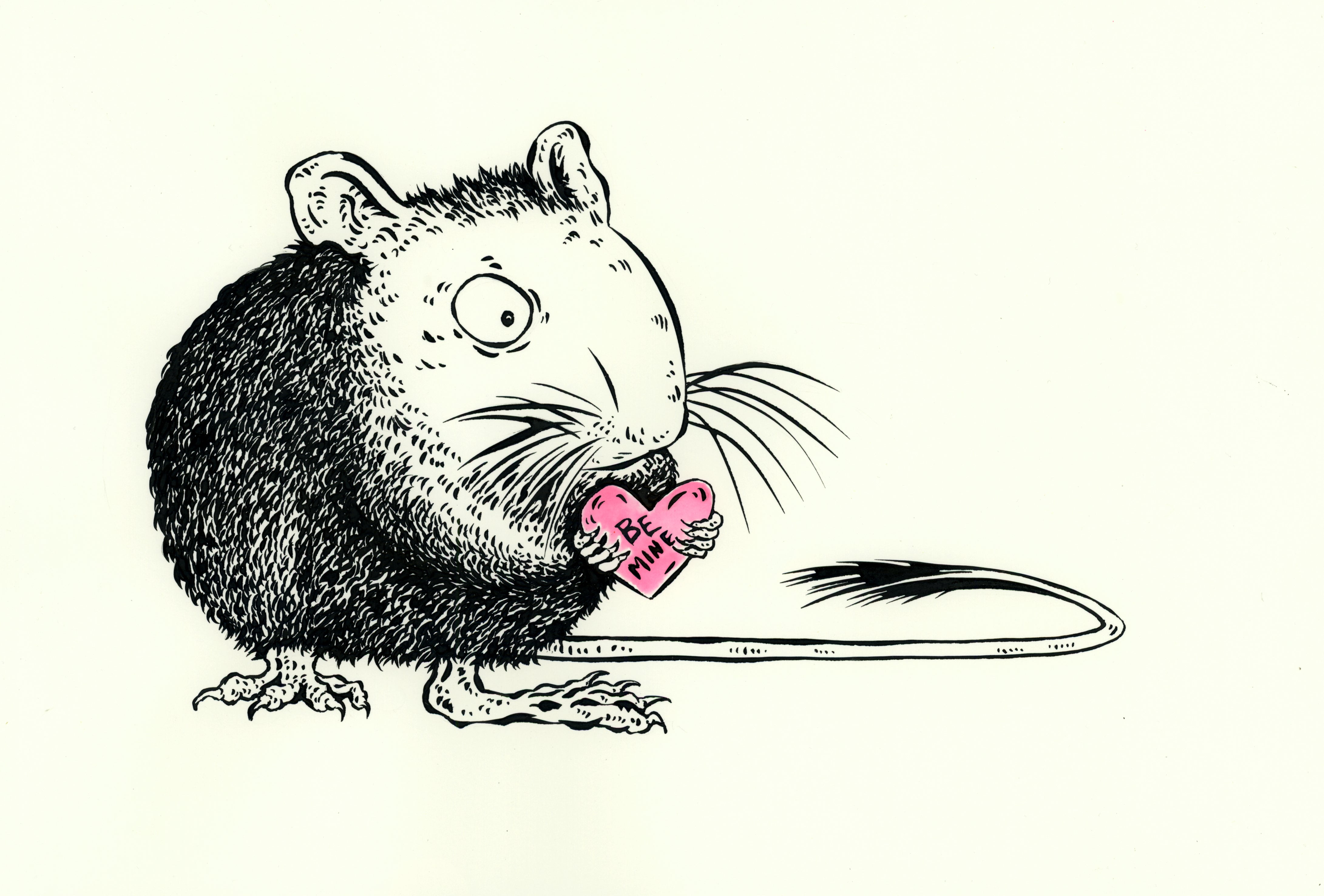 Illustration of a lovable rat holding a heart with the message 'Be Mine', inspired by Valentine's Day. Created by Hearts for the Arts, this artwork titled 'Hearts for the Arts | Love Rat' measures 10"x15" and highlights support for art education.