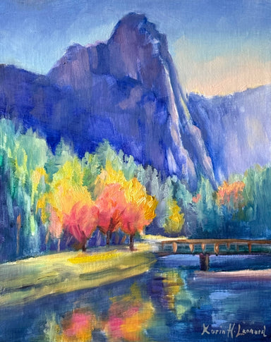 Painting of a mountain with fall trees and reflection