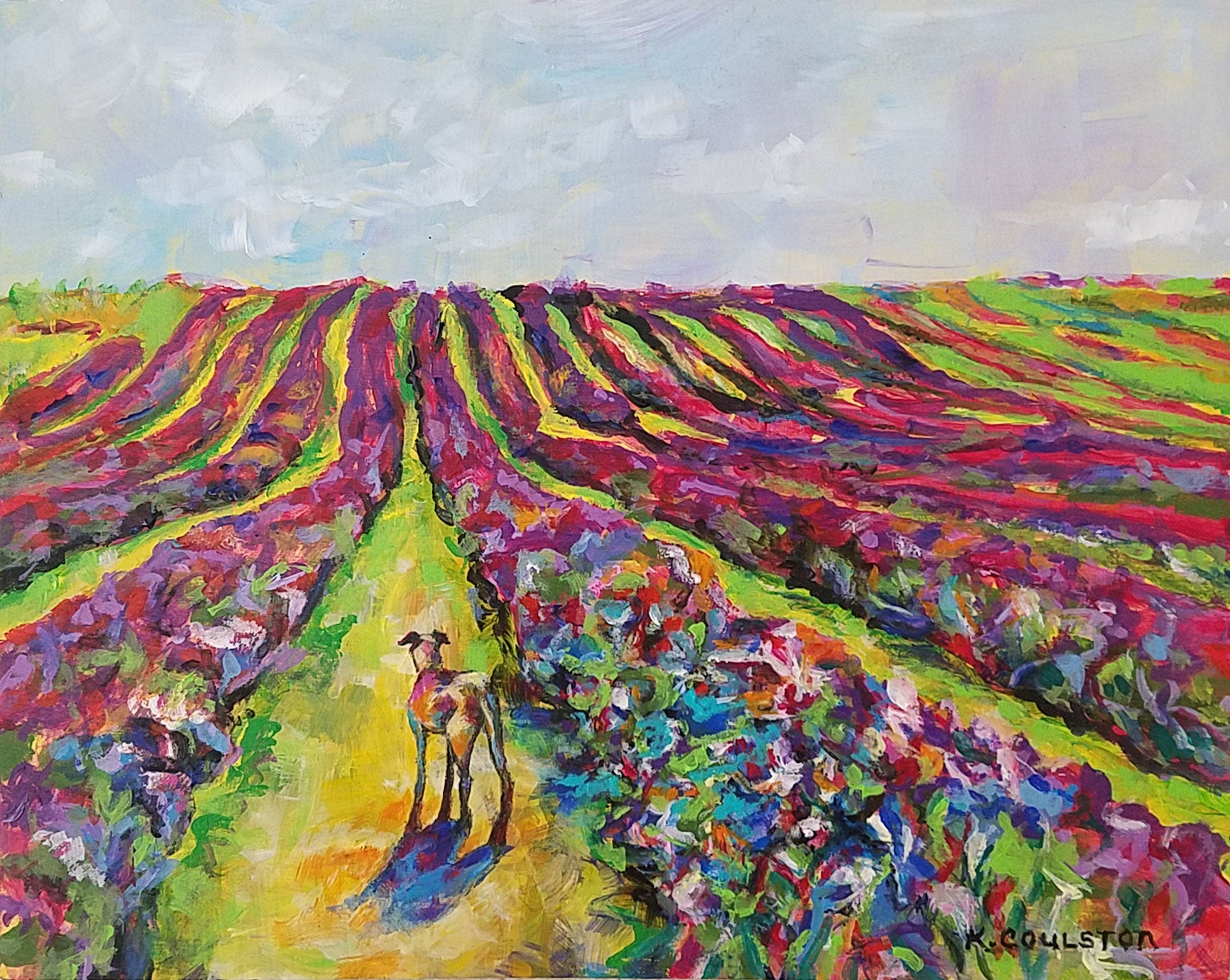 A vibrant 8"x10" acrylic painting titled "Pondering Field" by Hearts for the Arts, showcasing a scenic landscape with colorful rows of flowers and a dog standing on a path, emphasizing the theme of love and possibilities.
