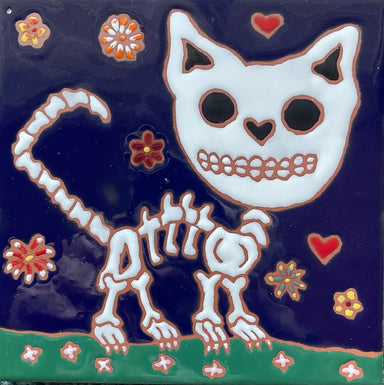 Ceramic tile featuring a whimsical skeleton cat design with a heart motif and colorful floral accents, created by Hearts for the Arts as part of the Hearts for the Arts | 2 Tiles collection.