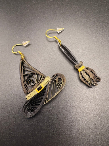 Breeze Chic | Lost and Found Broom and Witch Hat Earrings, handcrafted paper quilling Halloween jewelry