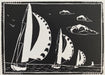 Block print artwork of sailing boats by Hearts for the Arts, titled 'Hearts for the Arts | Spinnakers All Out!', showcasing boats with colorful spinnakers against a black background.