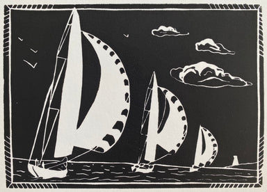 Block print artwork of sailing boats by Hearts for the Arts, titled 'Hearts for the Arts | Spinnakers All Out!', showcasing boats with colorful spinnakers against a black background.