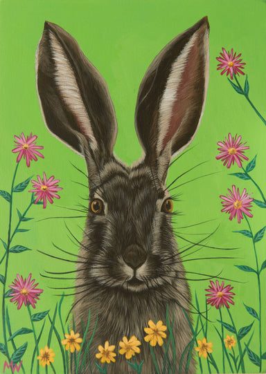 Michelle Waters | Herr Hare print on wood, 5x7 inches, showcasing unique art style.