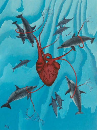 Acrylic painting titled 'Ocean's Heart' by Michelle Waters on cradled panel, dimensions 9 x 12 inches, showcasing vibrant colors and ocean themes.