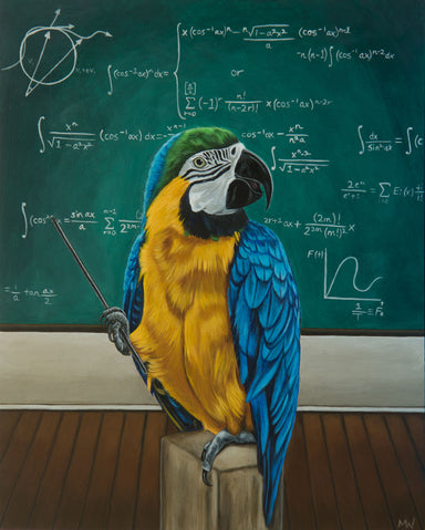 Framed 8x10 image of 'Michelle Waters | Professor Macaw is not a Birdbrain', showcasing vibrant artwork and educational themes.