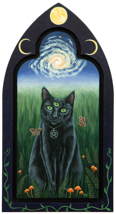 Michelle Waters | Psychic Cat artwork, an acrylic painting on birch panel measuring 6 ½” x 13”, showcasing a whimsical cat design.