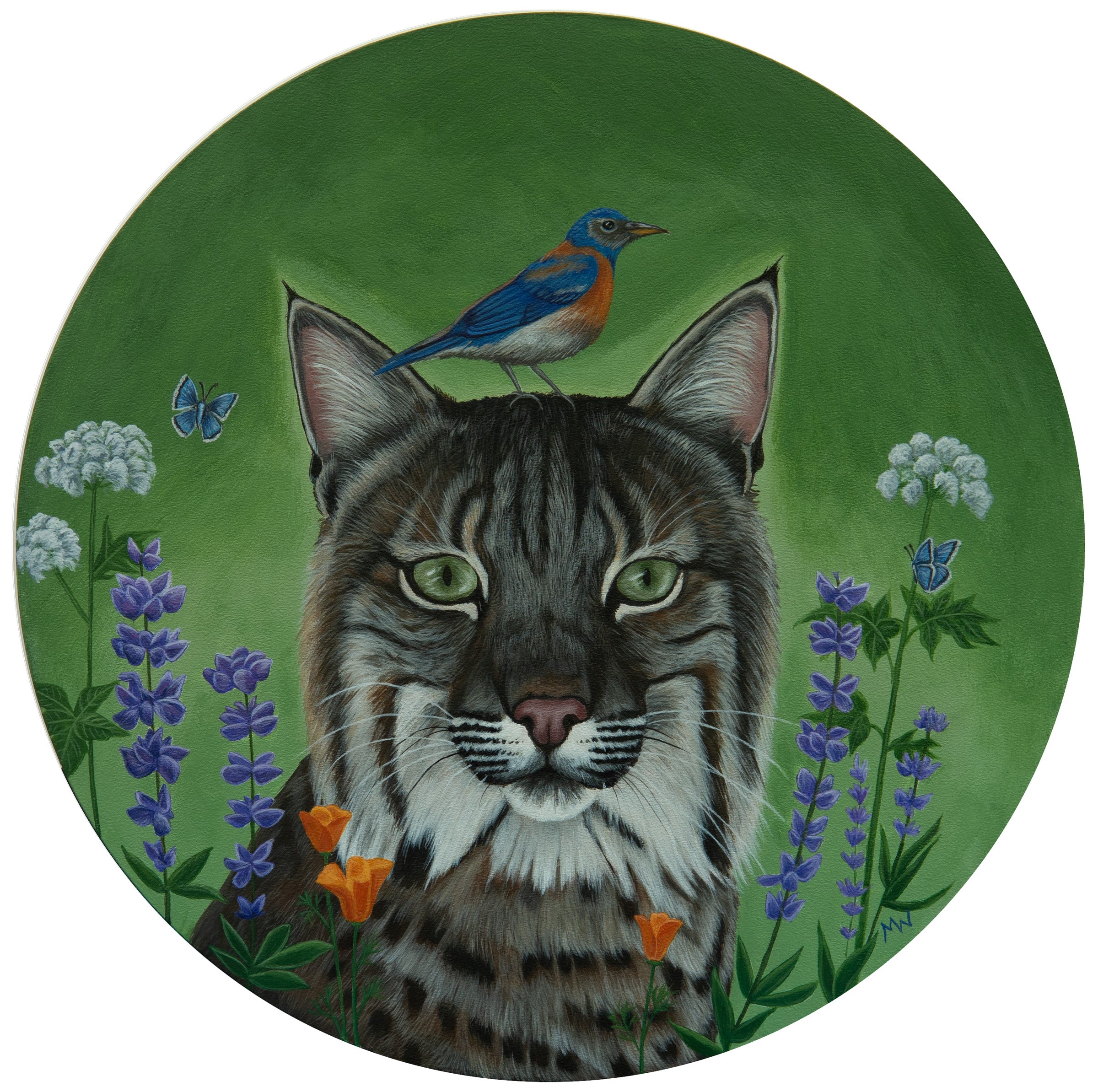 Acrylic painting titled 'Spring Has Sprung' by Michelle Waters displayed on a birch panel, featuring vibrant colors and a 10-inch diameter.