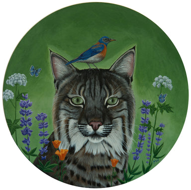 Acrylic painting titled 'Spring Has Sprung' by Michelle Waters displayed on a birch panel, featuring vibrant colors and a 10-inch diameter.