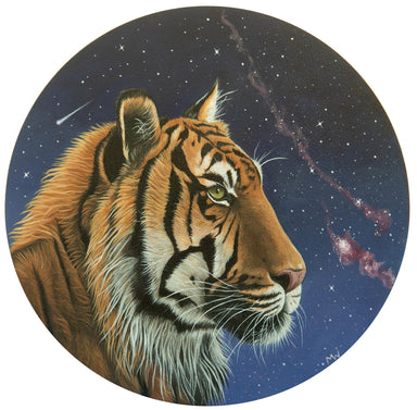 Artwork 'Year of the Tiger' by Michelle Waters, an acrylic painting on birch panel with a 10-inch diameter, showcasing vibrant colors and intricate details.