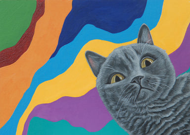 A whimsical print titled 'Michelle Waters | Catnip Haze' on a wooden background, perfect for cat lovers and art enthusiasts alike, sized at 5x7 inches.