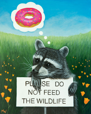Framed artwork titled 'Please Don’t Feed the Wildlife' by Michelle Waters, measuring 11x14 inches.