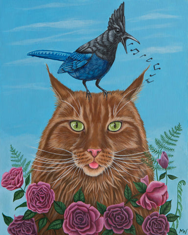 Acrylic painting titled 'The Noisy Neighbor' by Michelle Waters, featuring vibrant colors on birch panel, measuring 9.5” x 11.5”.