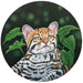 Acrylic artwork titled 'Oncilla Nights' by Michelle Waters displayed on a wood panel, 10 inches in diameter.
