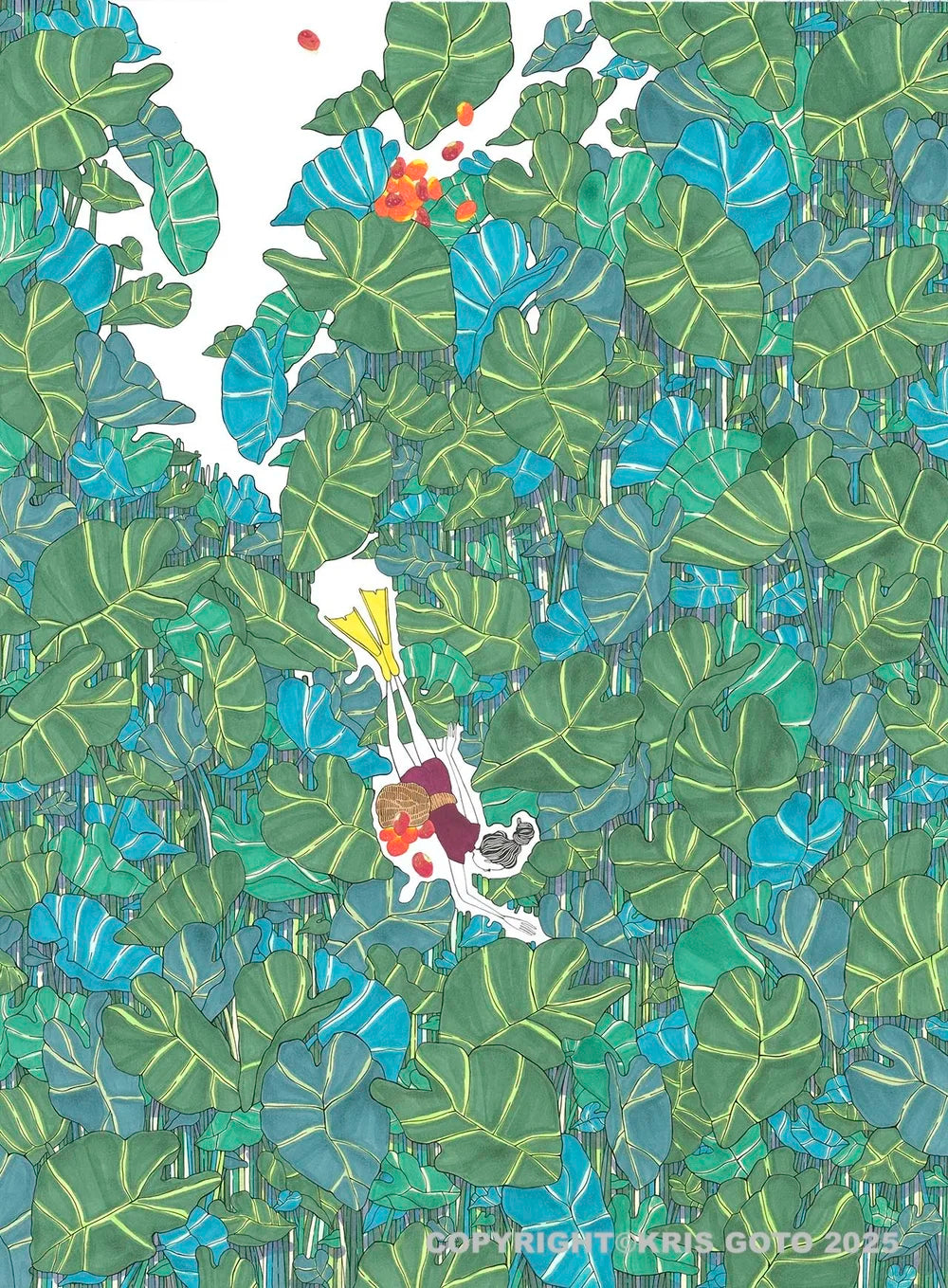 A vibrant illustration titled 'Oil' by Kris Goto, showcasing intricate foliage with a blend of green leaves and colorful fruit, symbolizing the human connection with nature and the concept of symbiosis.