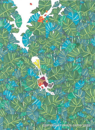 A vibrant illustration titled 'Oil' by Kris Goto, showcasing intricate foliage with a blend of green leaves and colorful fruit, symbolizing the human connection with nature and the concept of symbiosis.