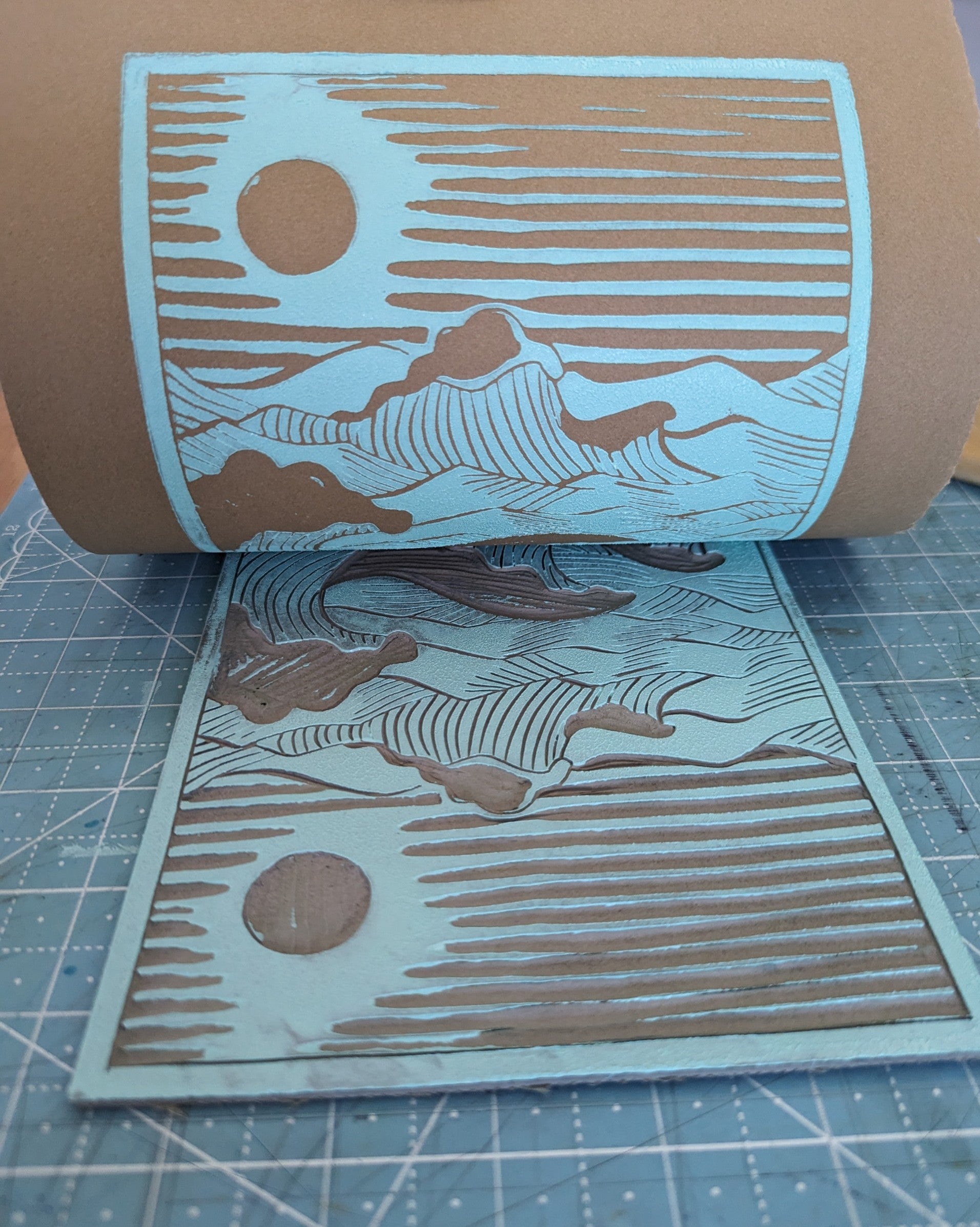rolling waves lino print
