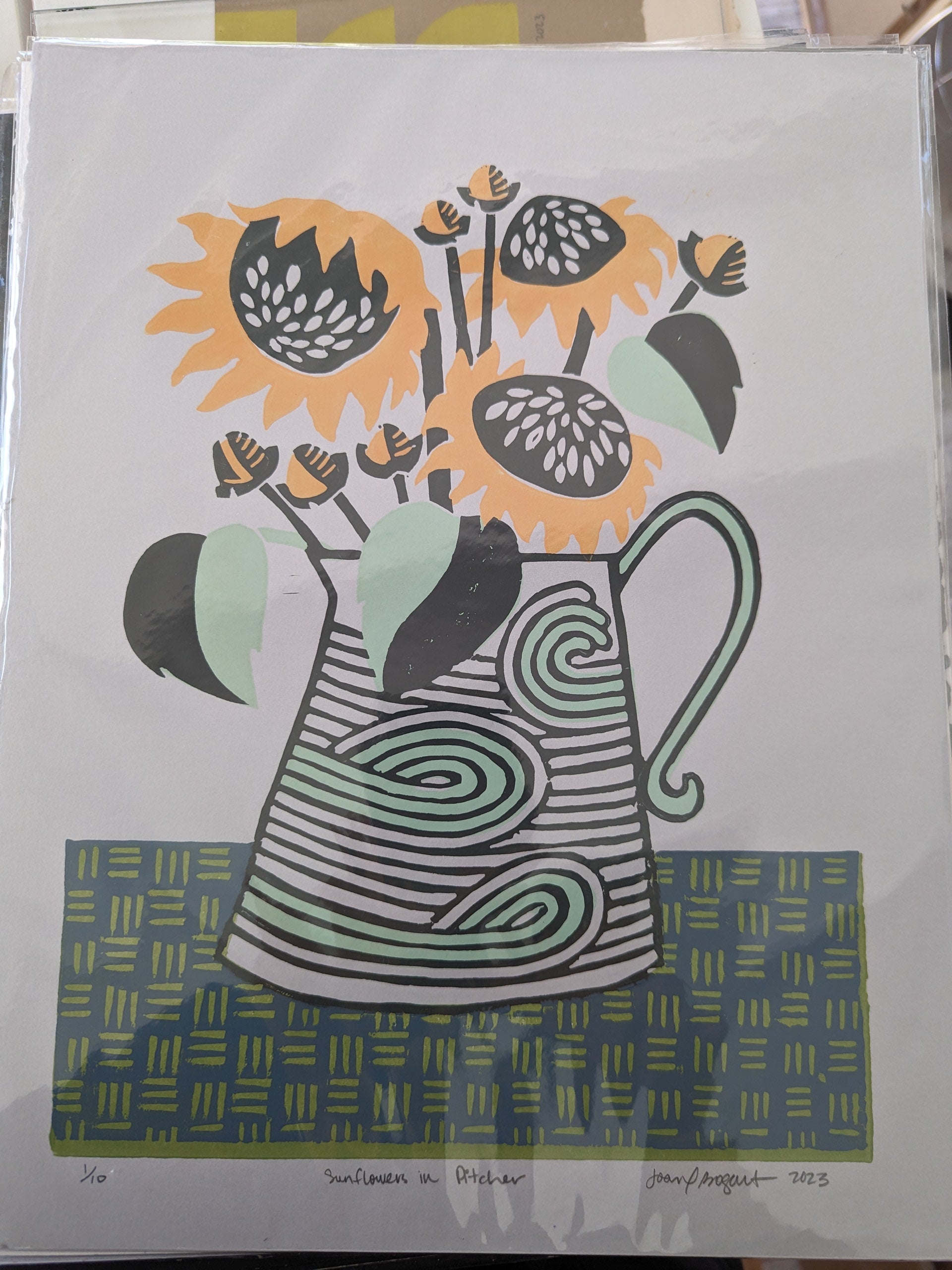 sunflowers in pitcher lino print