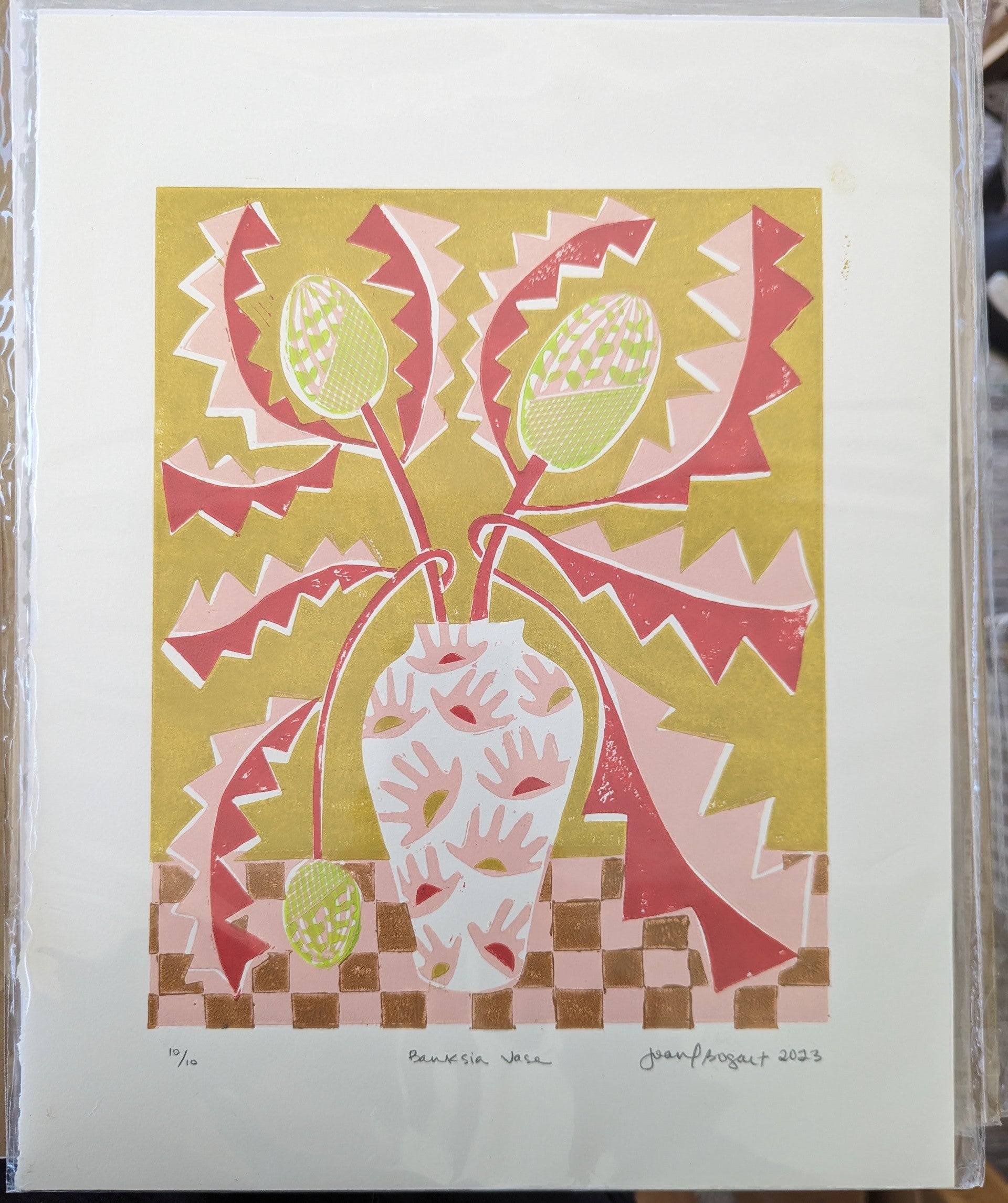 Banksia Vase Art print with yellow flowers in wood frame