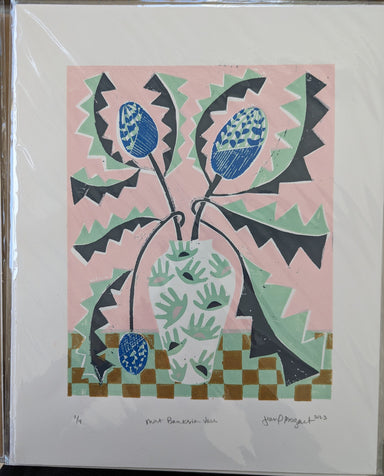 Banksia Vase Art print with blue flowers in wood frame