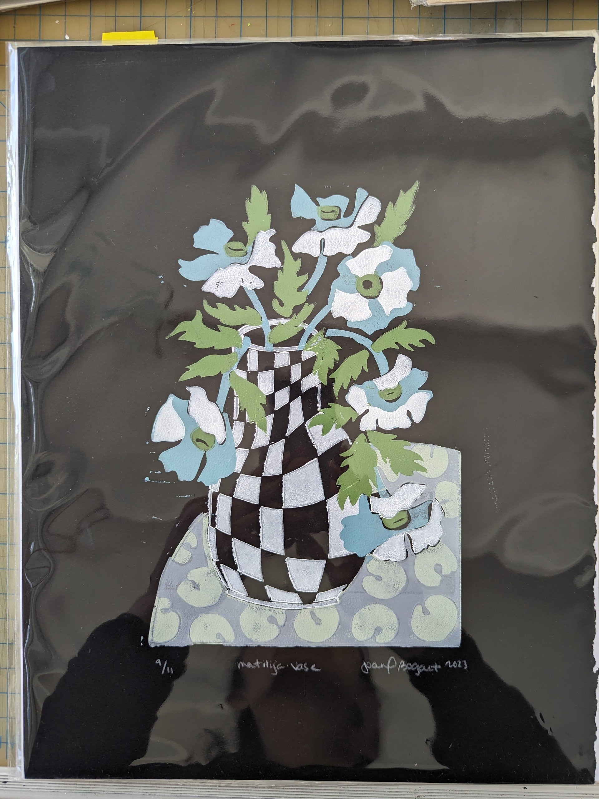 checkered vase with blue flower art print