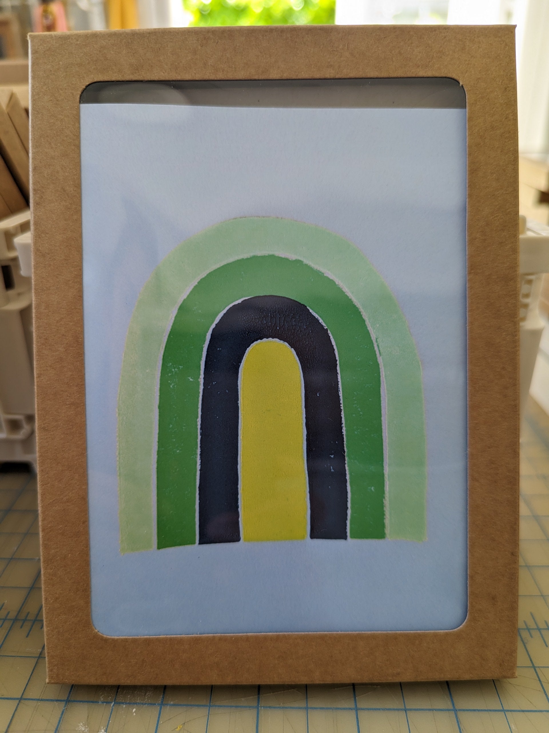 green rainbow lino print card set