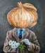 Onion head wearing a suit holding daisies