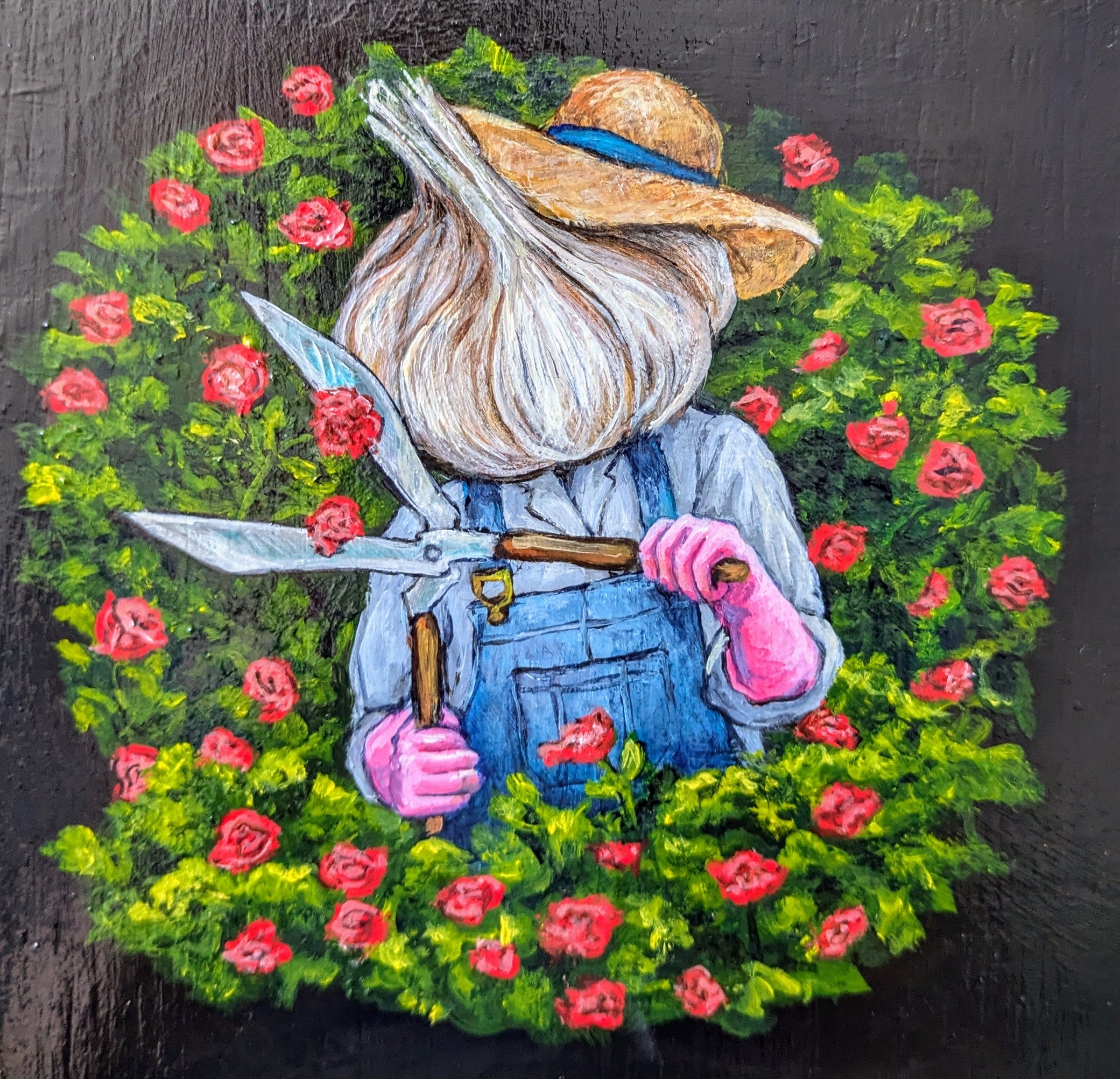 Onion head wearing overalls trimming roses