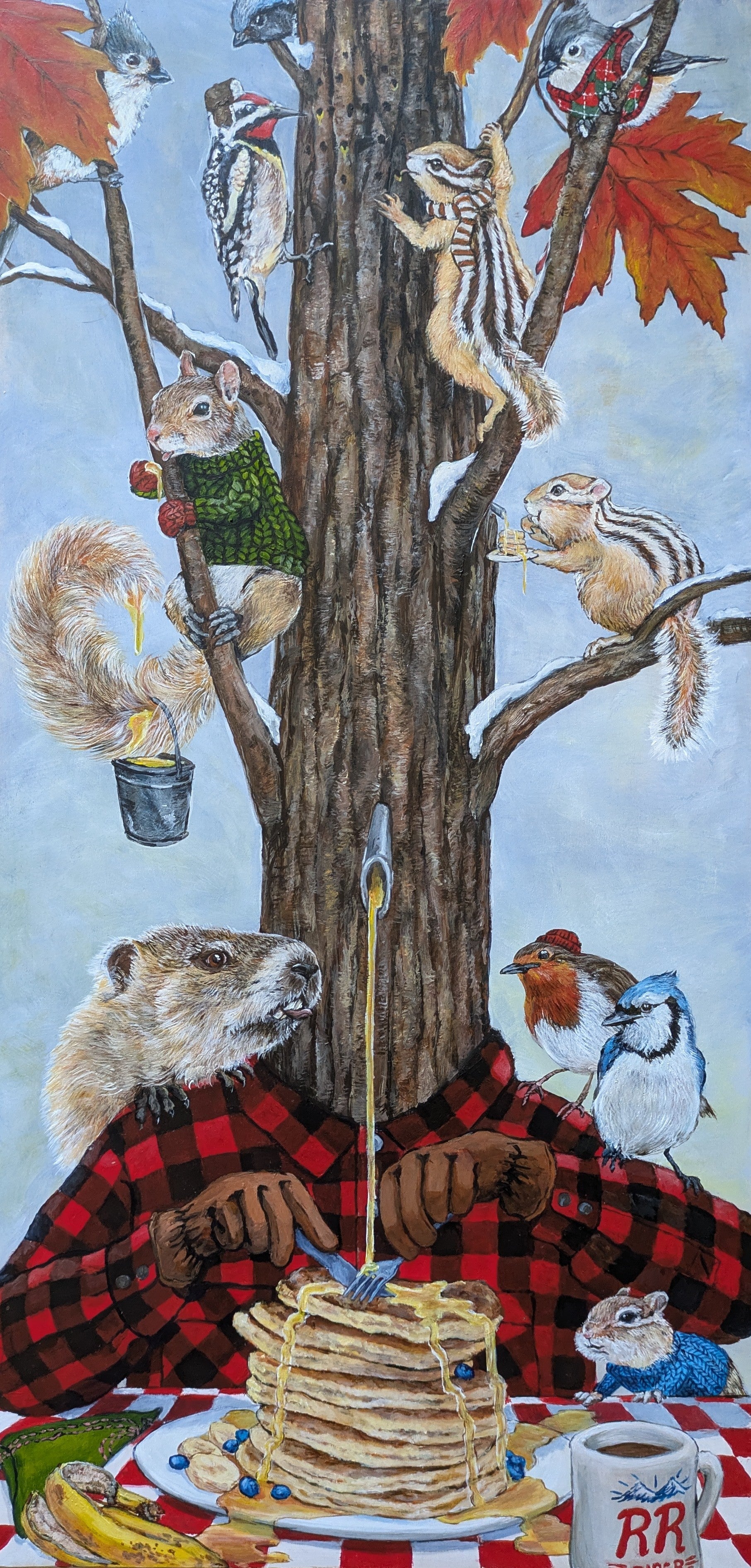 Animals climbing a maple tree with pancakes