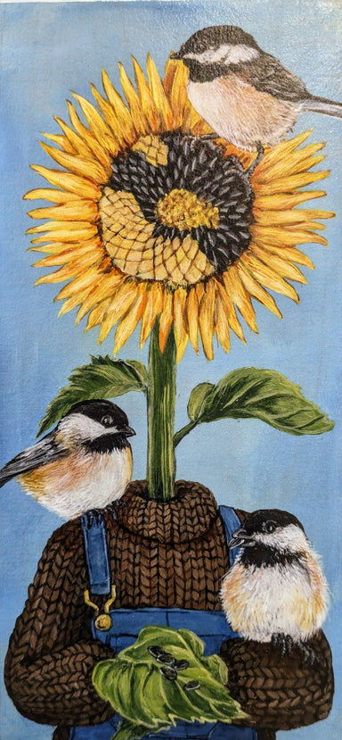 Painted Sunflower with birds on wood