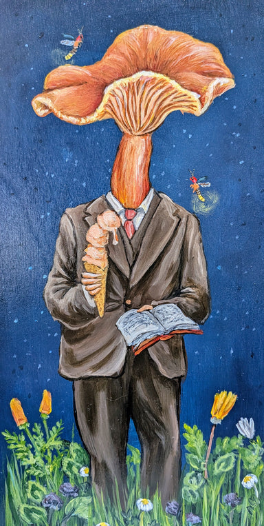 Person in a suit with a mushroom head holding ice cream and book, against a starry night sky.