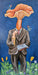 Person in a suit with a mushroom head holding ice cream and book, against a starry night sky.