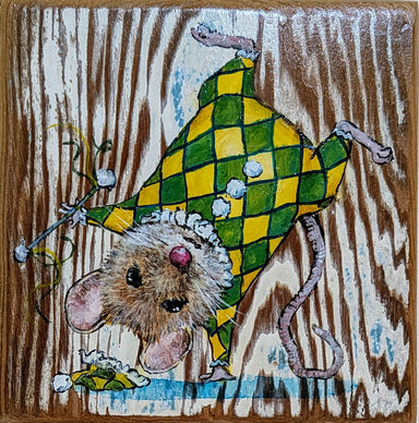Mouse Illustration wearing green and yellow checkered outfit on a wooden background