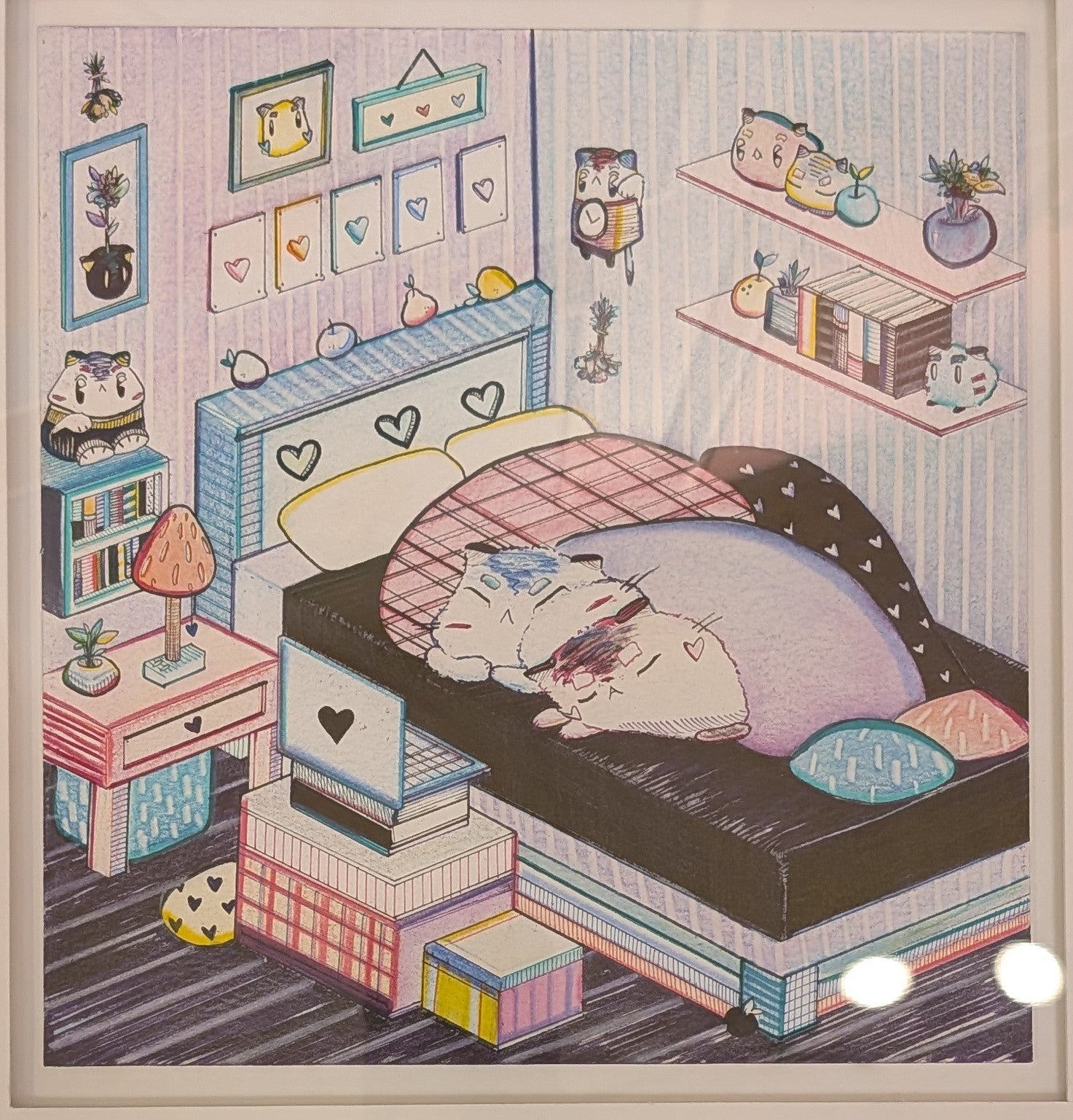 Cat sleeping on bed illustration