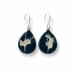 A pair of teardrop-shaped drop earrings featuring dark navy blue and white marbled stone inlays with silver-toned fishhook wires, shown against a plain white background.