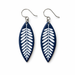 A pair of navy blue and white leaf-shaped dangle earrings with silver fishhook wires, shown on a plain white background.