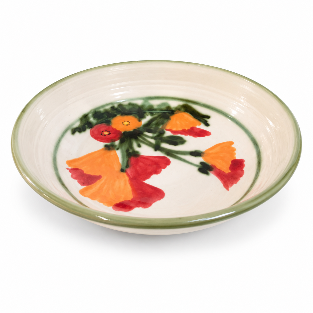 Poppy Pasta Bowls by Will Sanford, handmade ceramic with orange poppies, Santa Cruz California