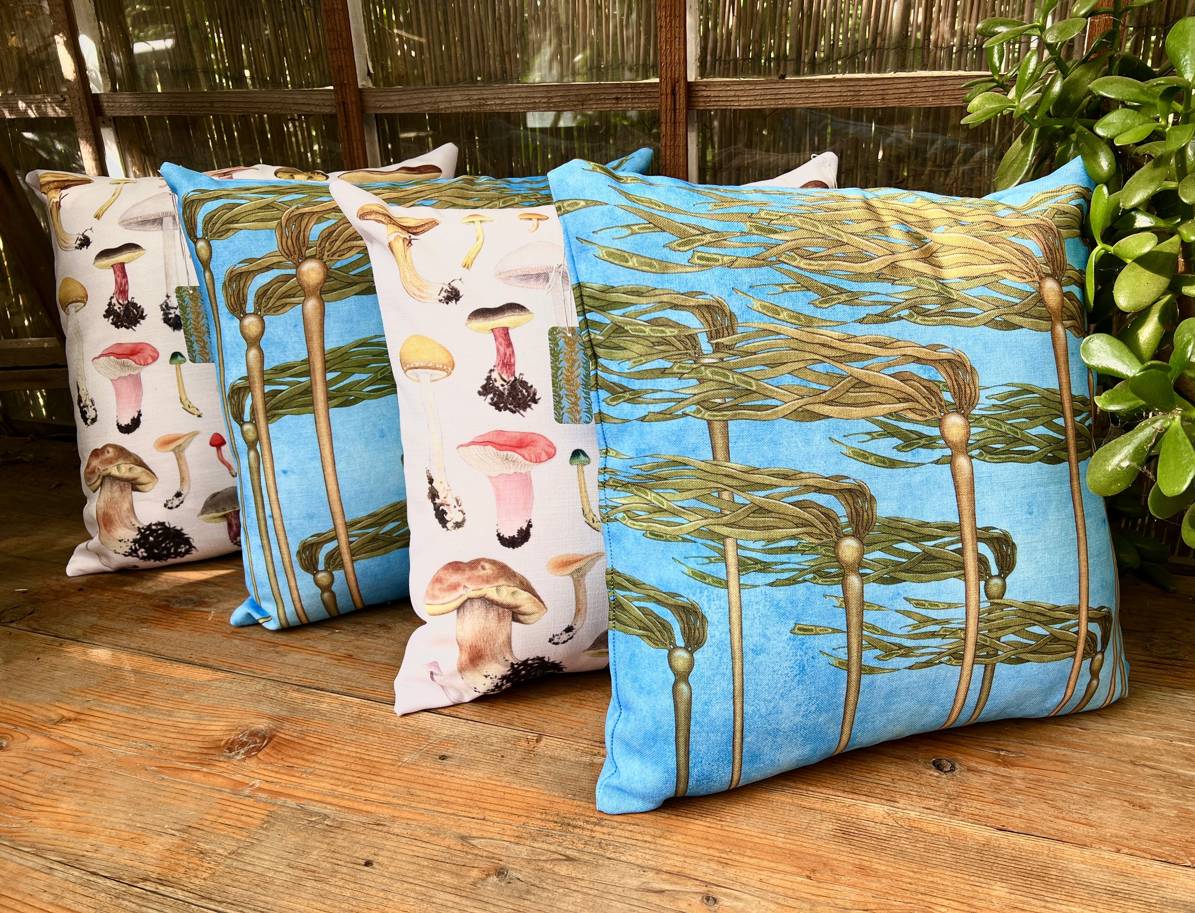 Mushroom and kelp throw pillows