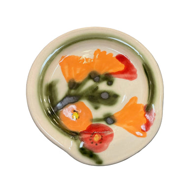 Poppy Spoon Rest by Will Sanford, handmade ceramic with orange poppies, Santa Cruz California