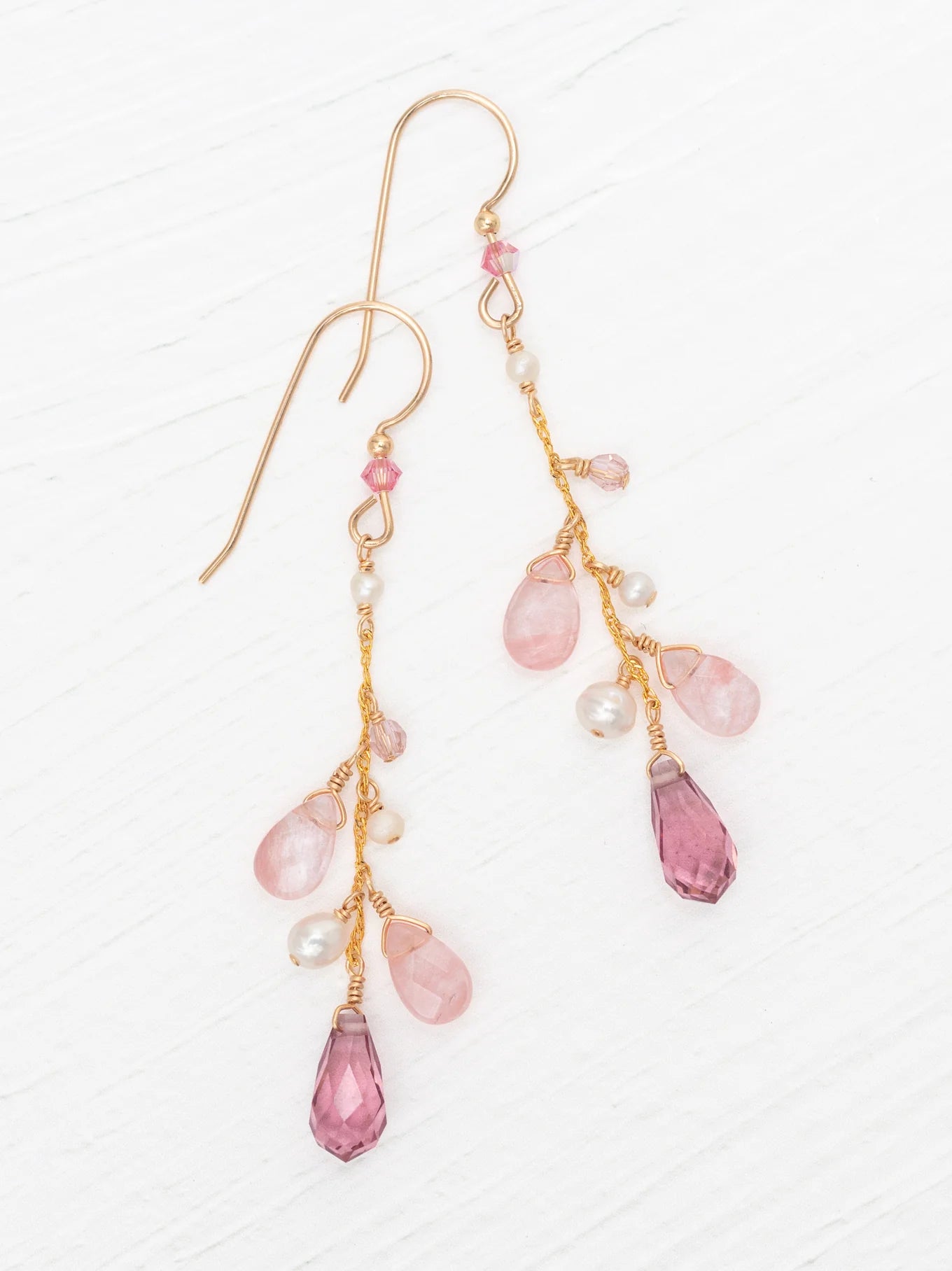 long pink crystal drop gold earrings