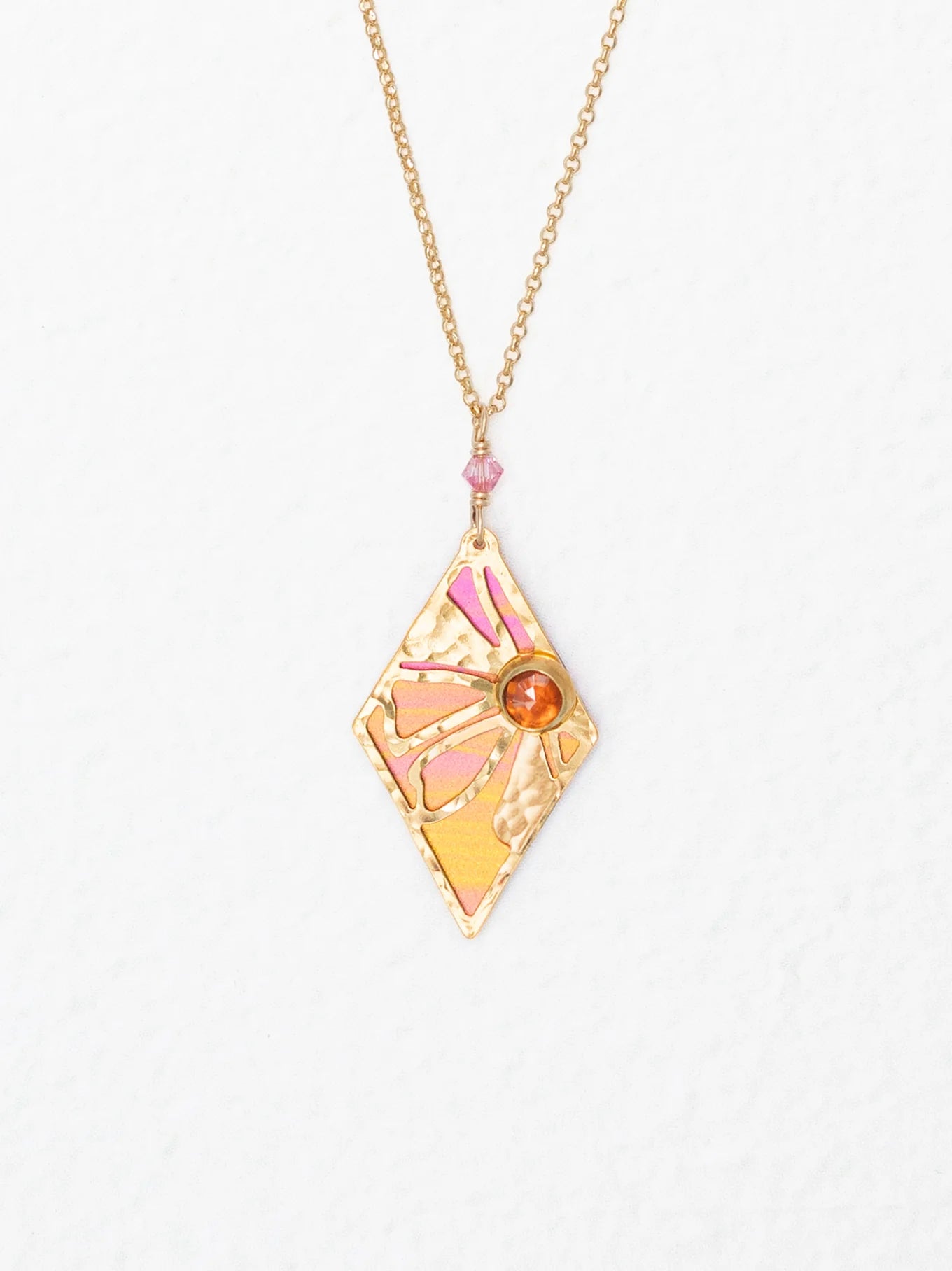 pink and yellow retro floral gold pendant necklace with gemstone