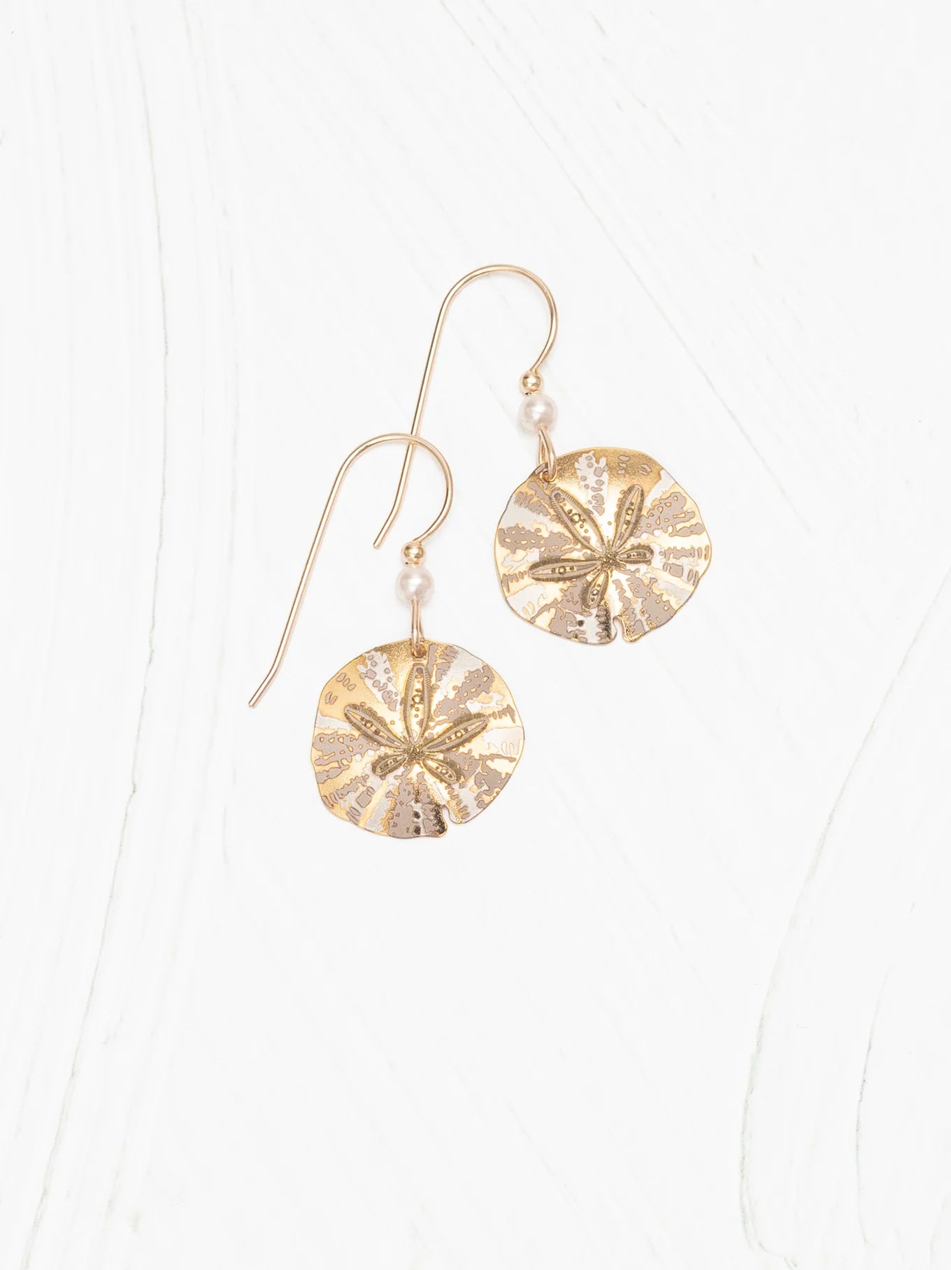 sand dollar etched drop earring with pearl